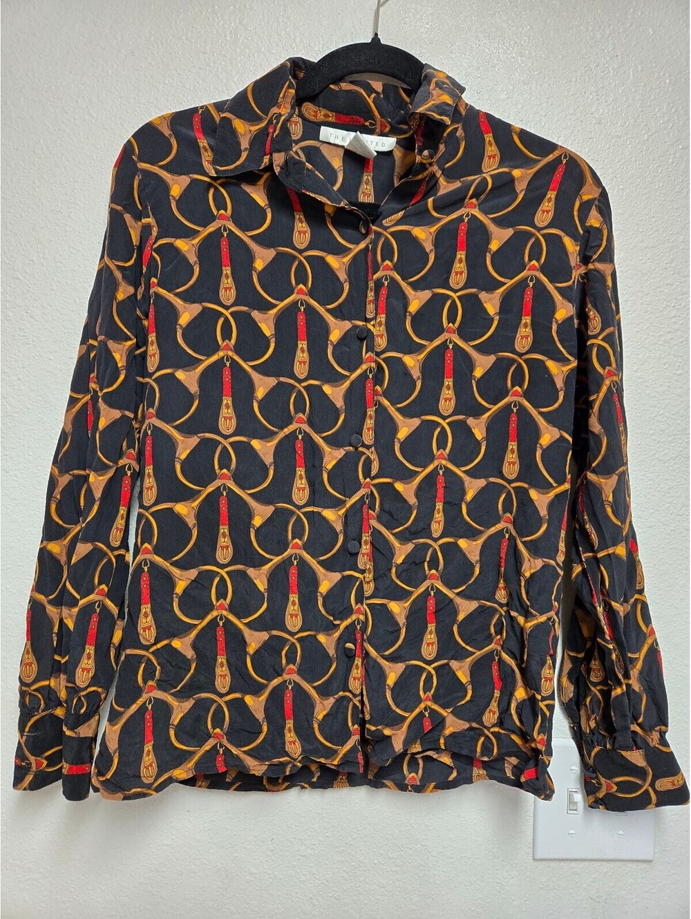 The Limited Vintage 90s 100% Silk Shirt XS Equestrian Horse Bit Print Black